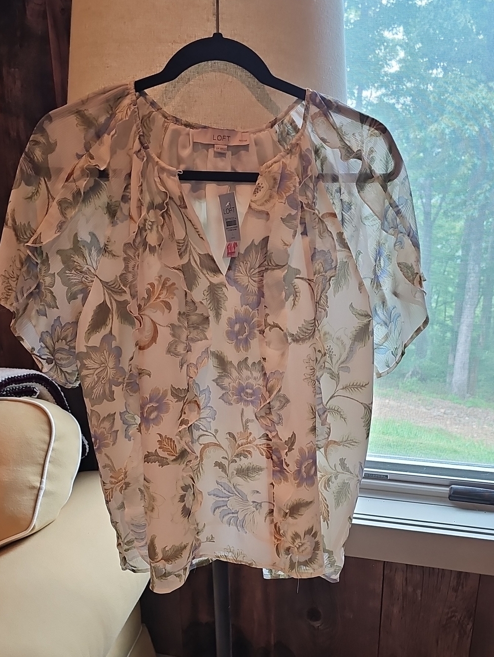 LOFT Sheer Floral Short-Sleeve Blouse in Cream with Green & Blue Print